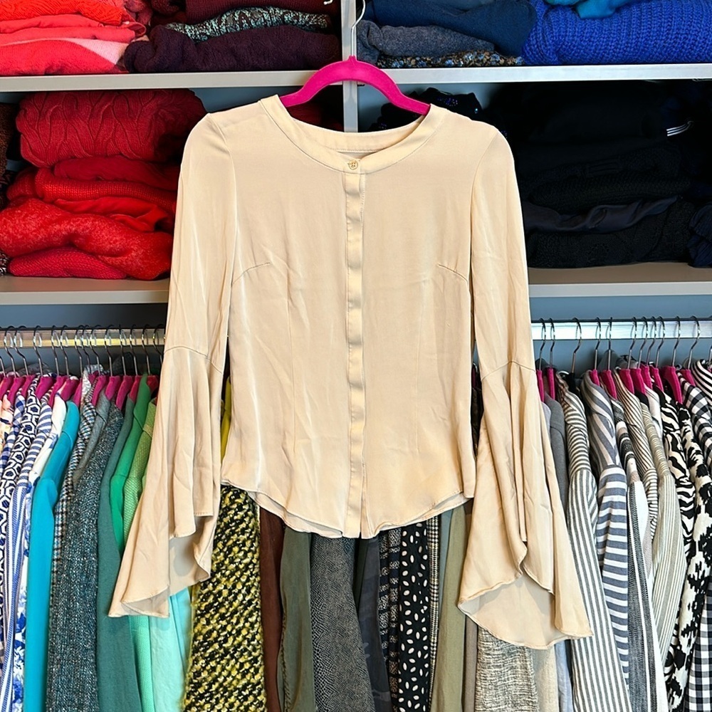 Molly tan 98% silk long sleeve mandarin collar blouse size 4